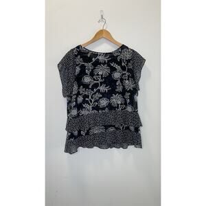 CAbi Hybrid Blouse Floral Ruffle Hem Flutter Sleeve 5355 Navy Blue Black Large L